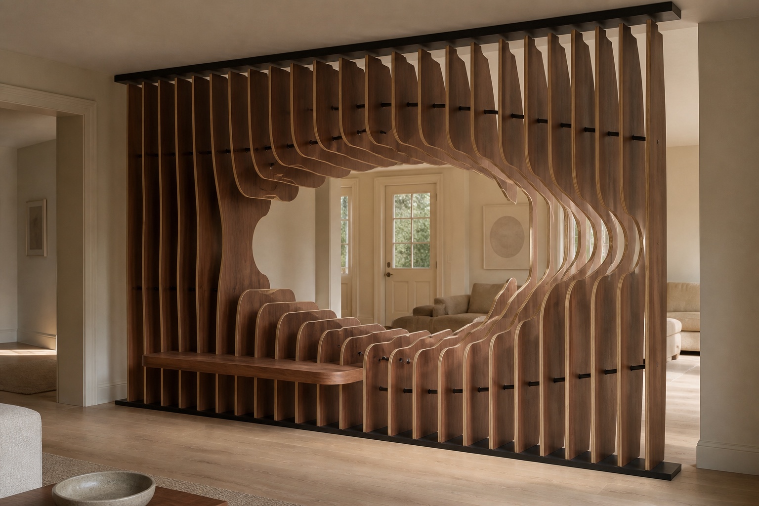 Section-built walnut room divider with a changing aperture and bench