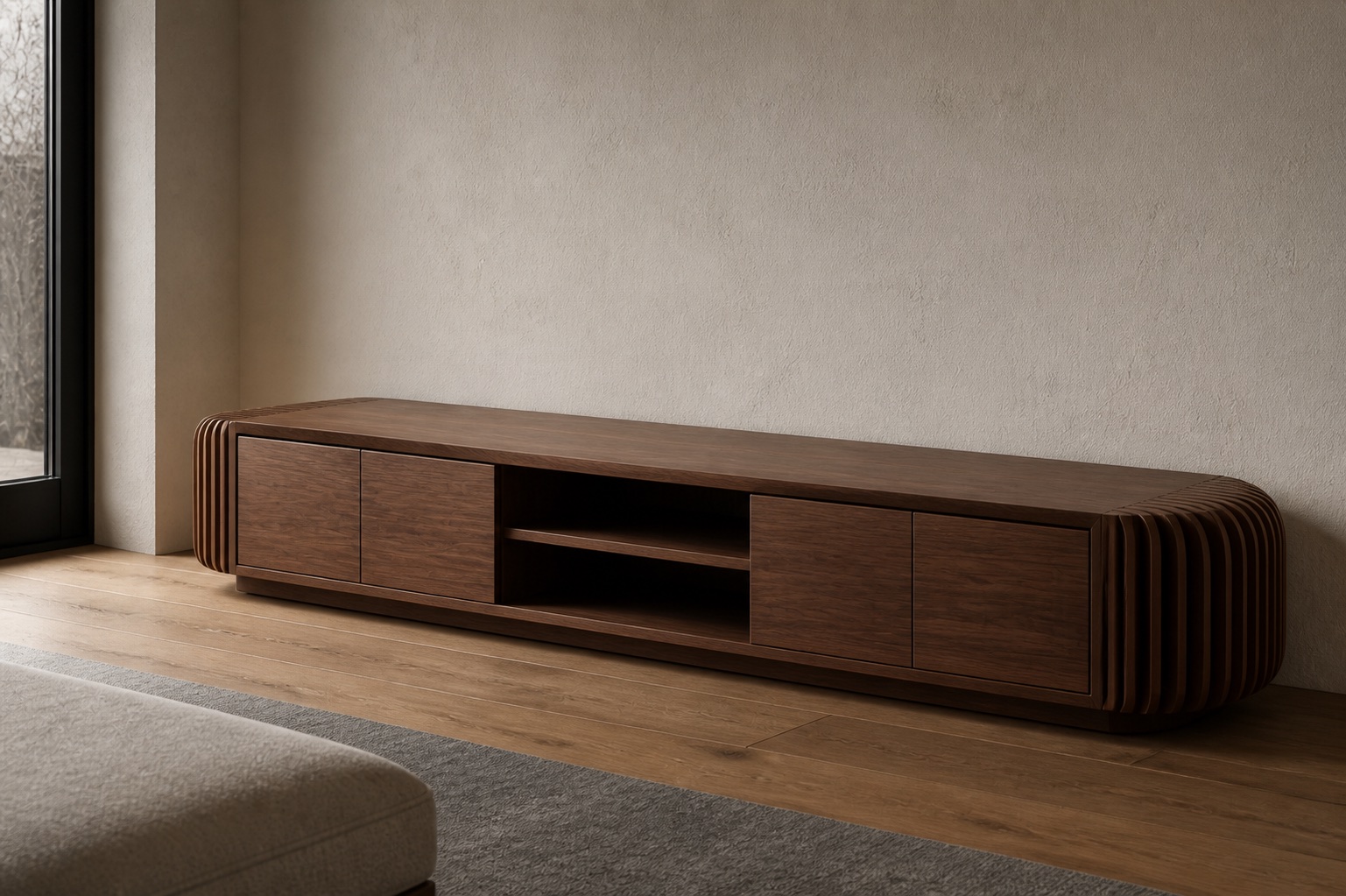 Freestanding walnut media console