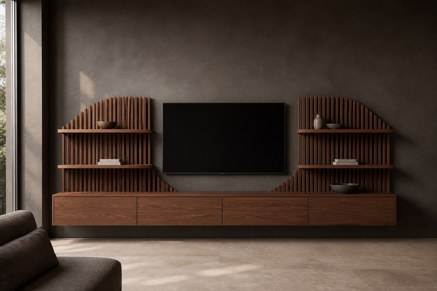 Walnut media wall with sectional shelving and cabinet storage