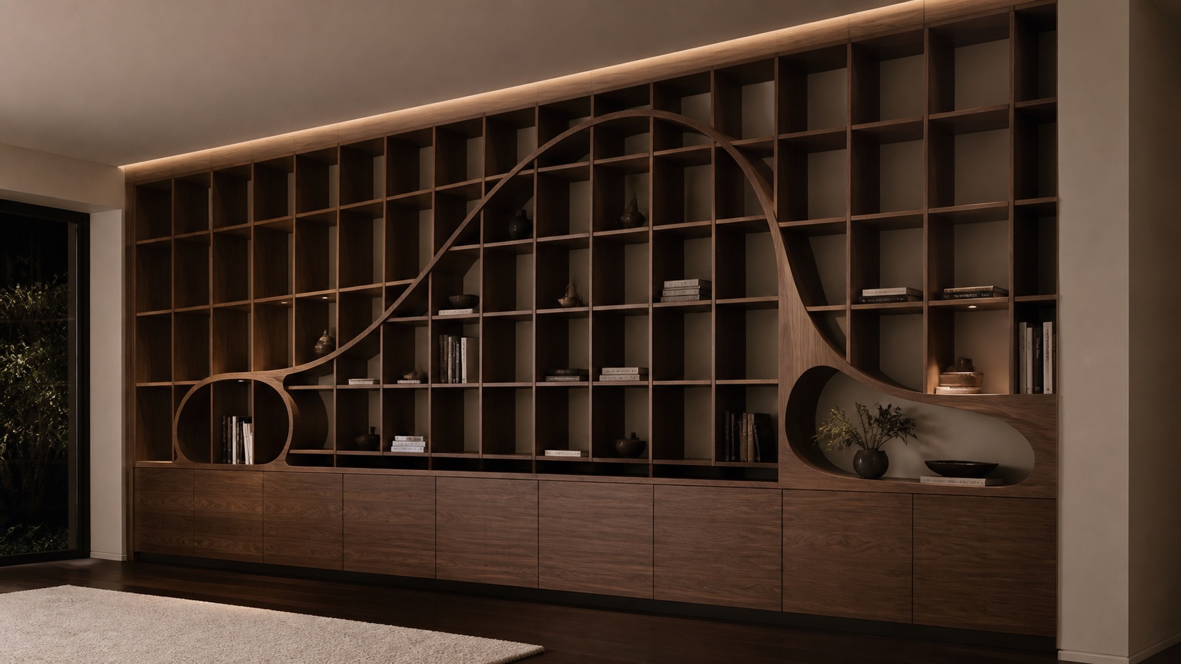 Walnut casework wall with sectional openings