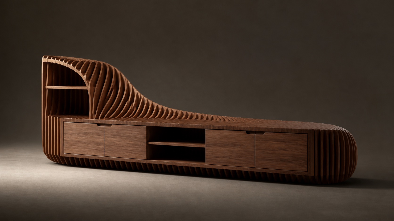 Freestanding walnut console built from repeated sections