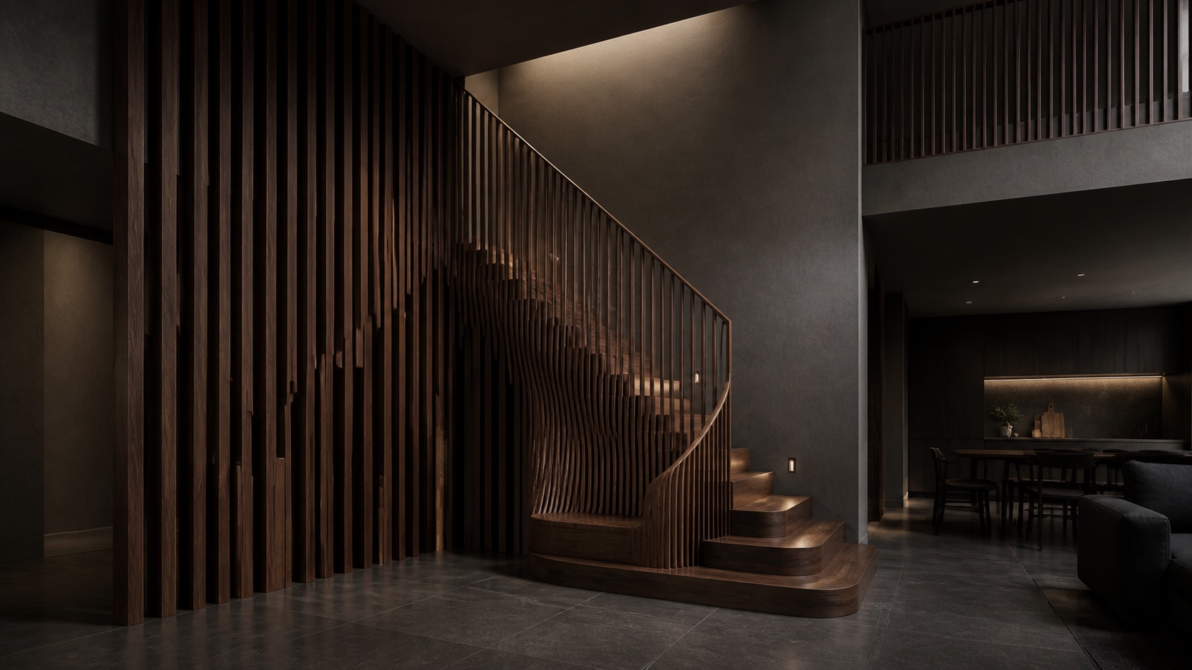 Walnut sectional stair guard and divider system